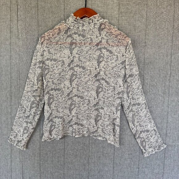 Vintage Y2K INC Silk Black White Lace Print Victorian Collar Long Sleeve Blouse - Picture 9 of 16